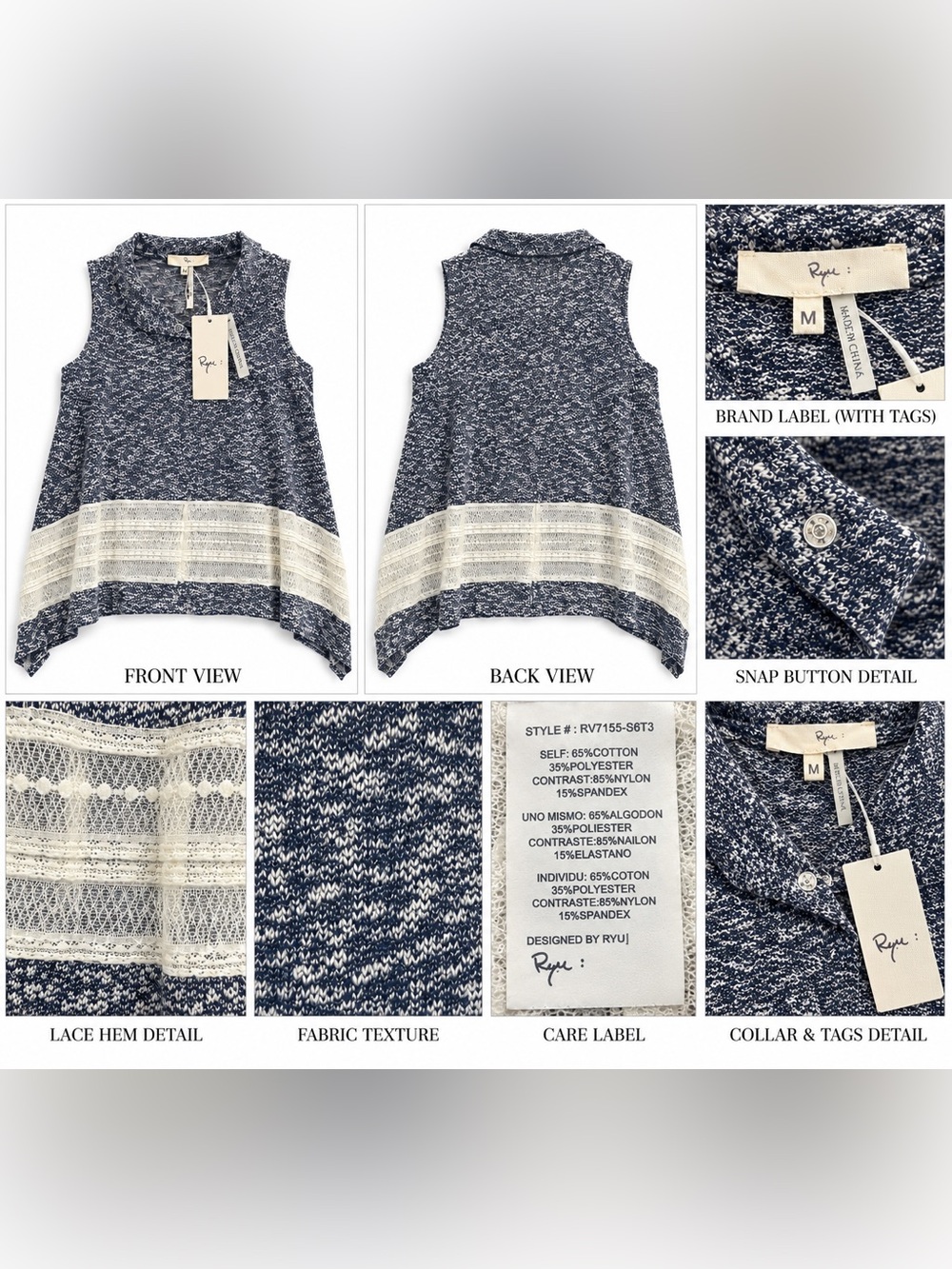 Ryu Navy Knit Tank with Cream Lace Hem - NWT